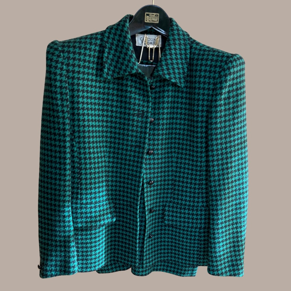 VINTAGE 100% Wool Green Houndstooth Blazer/Skirt Set 10